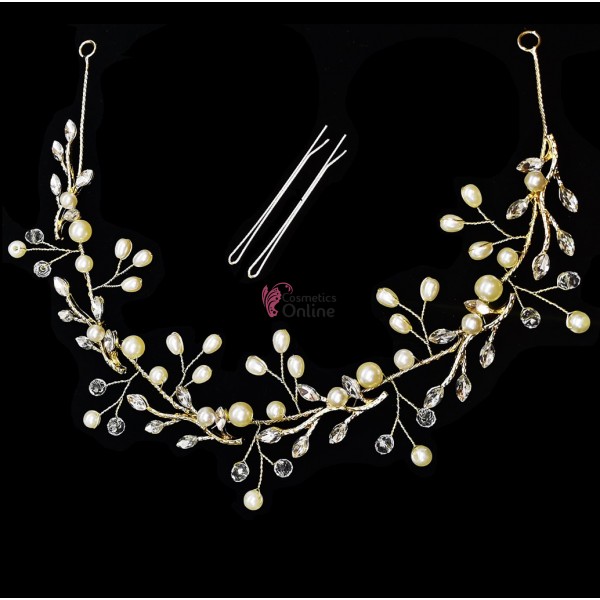 Tiara Ti032HH Auriu pentru mirese cu cristale si perle